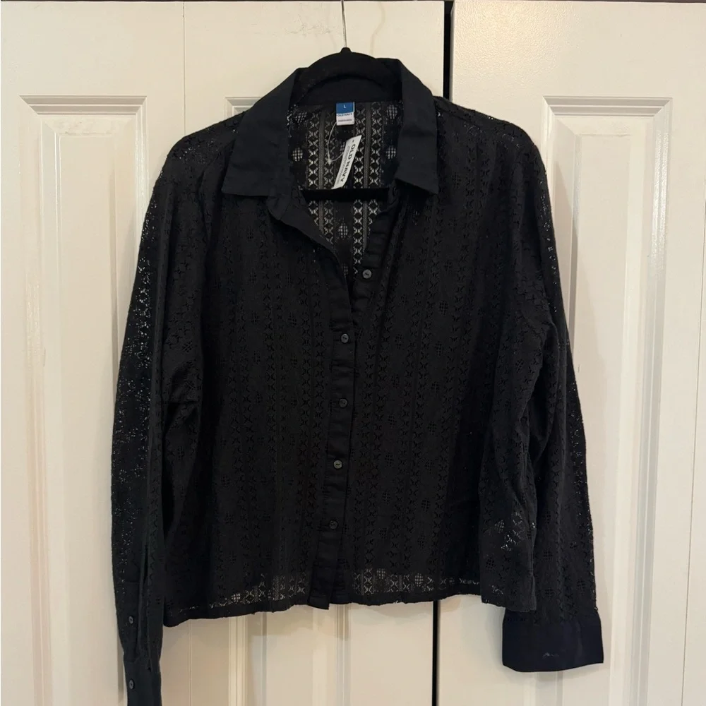 Old Navy Crochet Knit Button Up Black Womens's L Long Sleeve Collared NEW - Picture 3 of 6